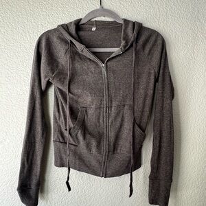 Gray Ribbed Zip Up Hoodie Cropped Athletic Jacket Size M/L